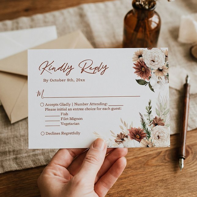 Boho Terracotta Pampas Grass Floral Wedding RSVP Card (Creator Uploaded)