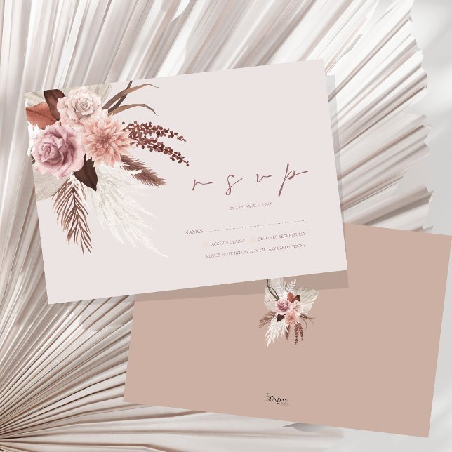 Boho Terracotta Pampas Grass Floral Wedding RSVP Card (Boho Dusty Pink Dried Flowers Pampas Grass Wedding RSVP Card)
