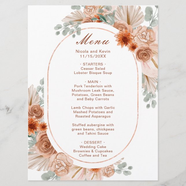 Boho Terracotta Pampas Grass  Menu (Front)