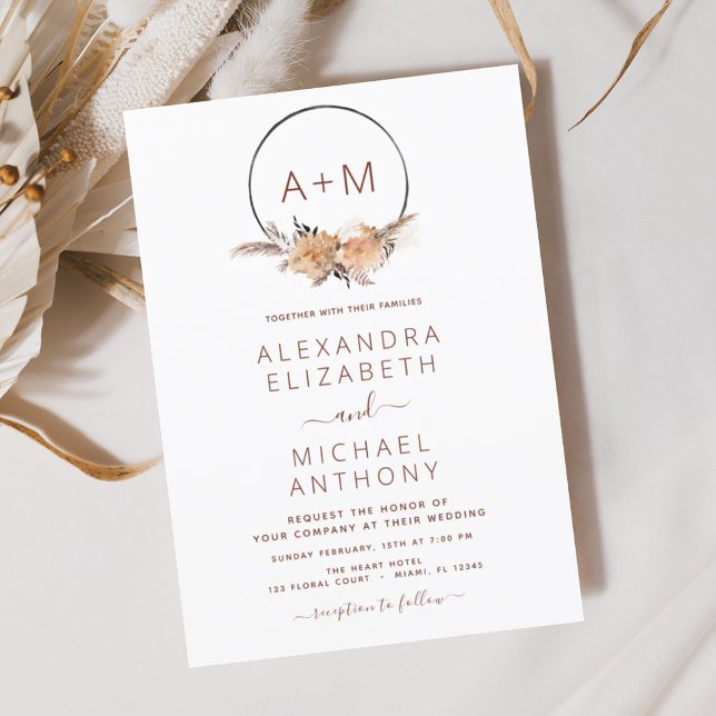 Boho Terracotta Pampas Grass Monogram Wedding Invi Invitation (Creator Uploaded)
