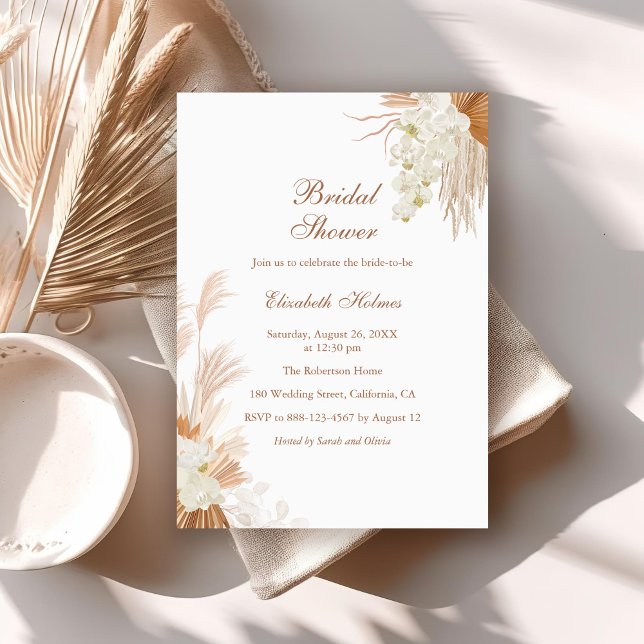 Boho Terracotta Pampas Grass Orchid Bridal Shower Invitation (Boho Terracotta Pampas Grass Orchid Bridal Shower Invitation on boho table with dry palm leaf.)