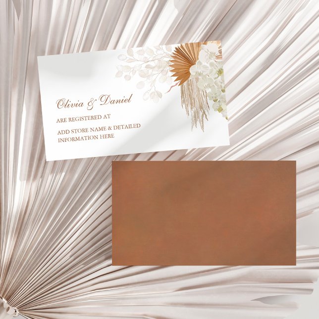Boho Terracotta Pampas Grass Orchid Registry Card (Boho Terracotta Pampas Grass Orchid Registry Card on a sunny white dry palm leaf.)