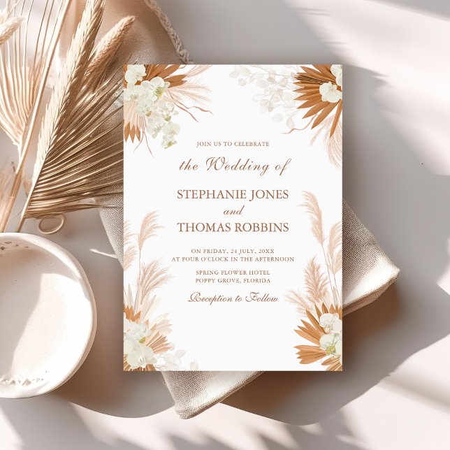 Boho Terracotta Pampas Grass Orchid Wedding Invitation (Boho Terracotta Pampas Grass Orchid Wedding Invitation on a boho wedding table)