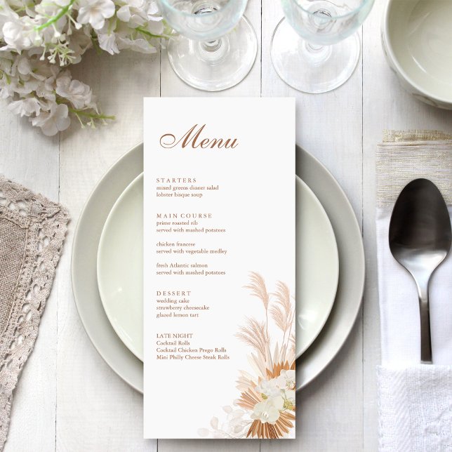 Boho Terracotta Pampas Grass Orchid Wedding Menu (Boho Terracotta Pampas Grass Orchid Menu Card on a boho white wedding dinner table.)