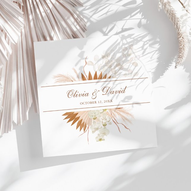 Boho Terracotta Pampas Grass Orchid Wedding Napkin (Boho Terracotta Pampas Grass Orchid Wedding Paper Dinner Napkins on a sunny white table.)