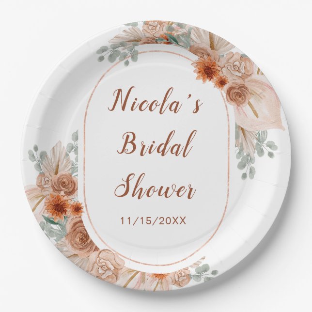 Boho Terracotta Pampas Grass  Paper Plate (Front)