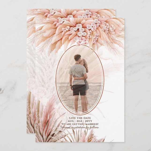 Boho Terracotta Pampas Grass PHOTO Wedding Save The Date (Front/Back)