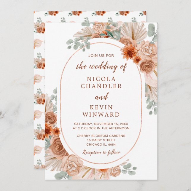 Boho Terracotta Pampas Grass Wedding Invitation (Front/Back)