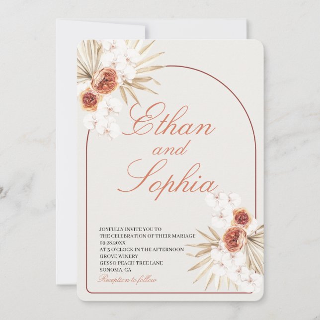 Boho Terracotta Pampas Grass Wedding Invitation (Front)