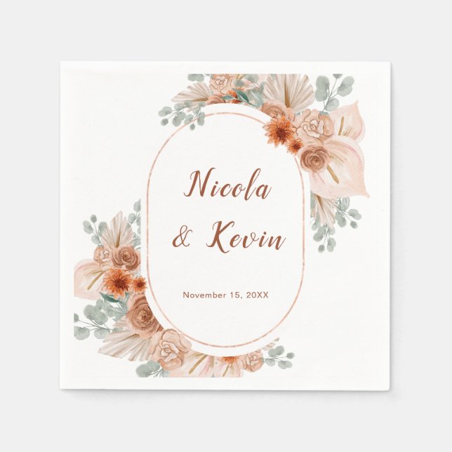 Boho Terracotta Pampas Grass Wedding Napkin (Front)