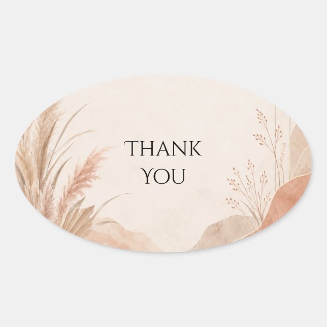 Boho Terracotta Pampas Grass Wedding Thank You Oval Sticker (Front)