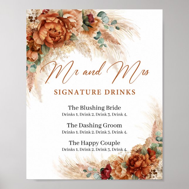 Boho Terracotta pampas Mr and Mrs signature drinks Poster (Front)