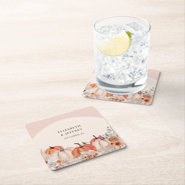 Boho Terracotta Pampas Pumpkins Fall Wedding Square Paper Coaster (Insitu)