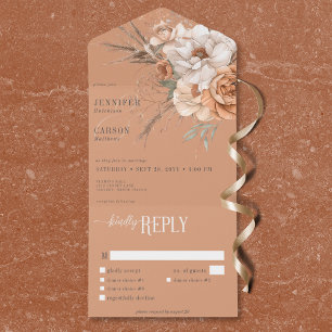 Boho Terracotta Peach & Cream Floral Dinner All In One Invitation