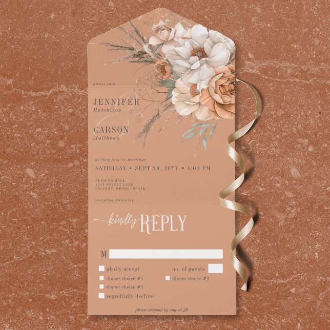 Boho Terracotta Peach & Cream Floral Dinner All In One Invitation (Boho Terracotta Peach & Cream Floral Dinner All In One Invitation)