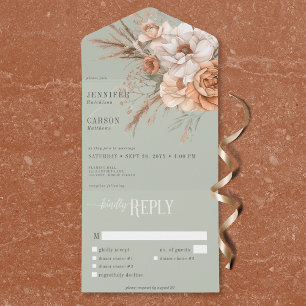 Boho Terracotta Peach & Cream Floral Green Dinner All In One Invitation