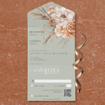 Boho Terracotta Peach & Cream Floral Green QR Code All In One Invitation<br><div class="desc">AVAILABLE WITH A QR CODE OR WITH OR WITHOUT DINNER CHOICE OPTIONS. Set the tone for your special day with our enchanting boho rustic wedding invitation. Featuring a soft sage green background, this design is adorned with a stunning spray of watercolor flowers and dried grasses. Delicate hues of peach blush,...</div>