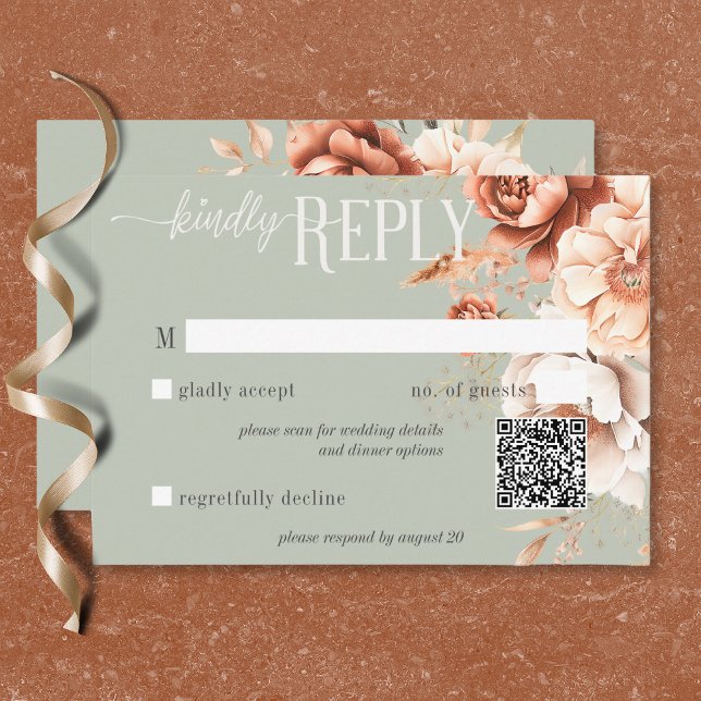  Boho Terracotta Peach Cream Floral Green QR Code RSVP Card (Boho Terracotta Peach Cream Floral Green QR Code RSVP Card)