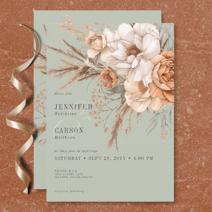 Boho Terracotta Peach & Cream Floral Green Wedding Invitation