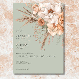 Boho Terracotta Peach & Cream Floral Green Wedding Invitation