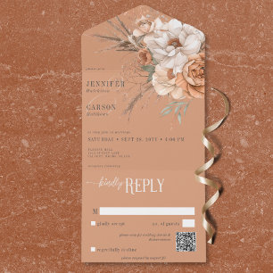 Boho Terracotta Peach & Cream Floral QR Code All In One Invitation