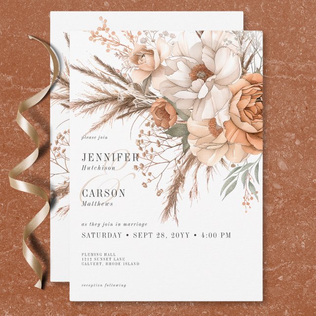 Boho Terracotta Peach & Cream Floral White Wedding Invitation (Boho Terracotta Peach & Cream Floral White Wedding Invitation)