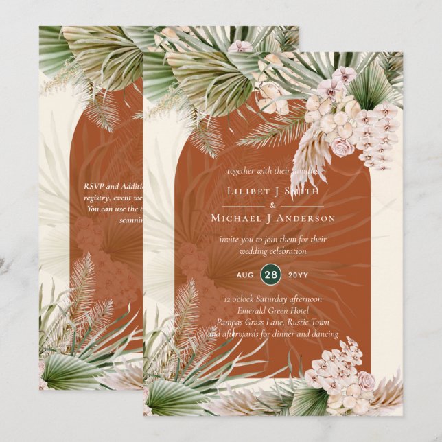 BOHO Terracotta Peach Pampas Grass Wedding Invitation (Front/Back)