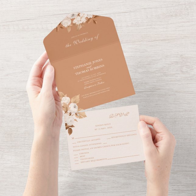 Boho Terracotta Peonies All in One Wedding Invite (Tearaway)
