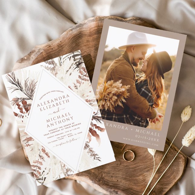 Boho Terracotta Photo Pampas Grass Wedding Invitation (Creator Uploaded)