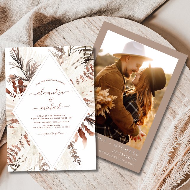 Boho Terracotta Photo Pampas Grass Wedding Invitation (Creator Uploaded)