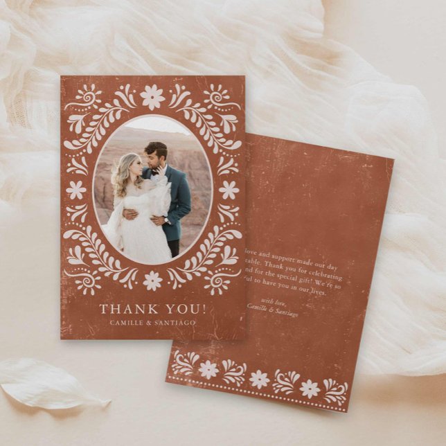 Boho Terracotta Photo Thank you Card (Boho Terracotta Hand Drawn floral Wedding Photo Thank you Card)