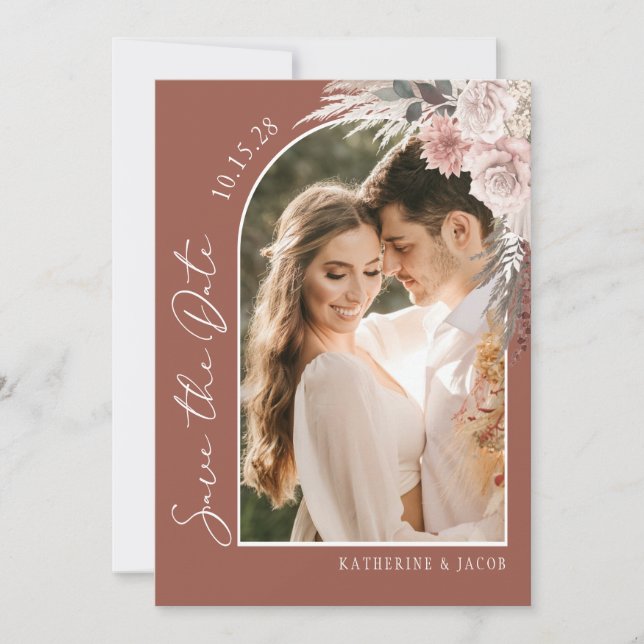 Boho Terracotta Photo Wedding Save The Date (Front)