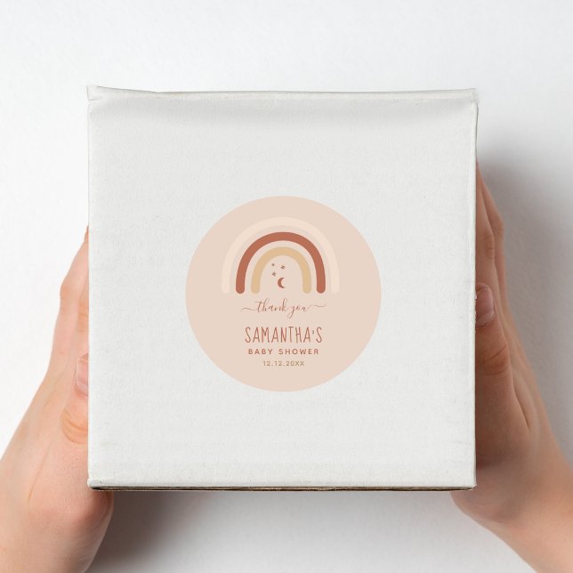 Boho Terracotta Rainbow Baby Shower Thank You Moon Classic Round Sticker (Creator Uploaded)