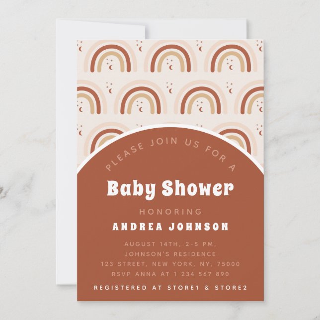 Boho Terracotta Rainbow Moon Pattern Baby Shower Invitation (Front)