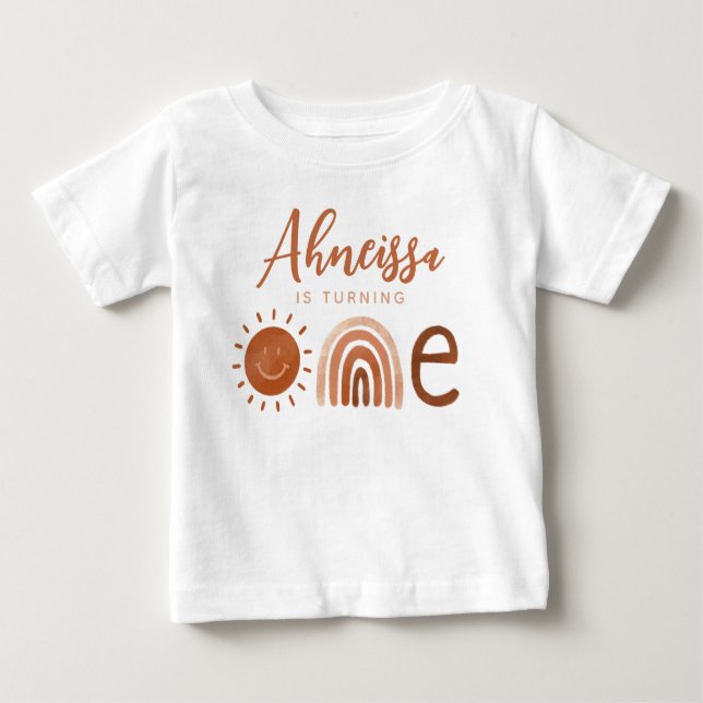 Boho Terracotta Rainbow Sunshine First Birthday Baby T-Shirt (Front)