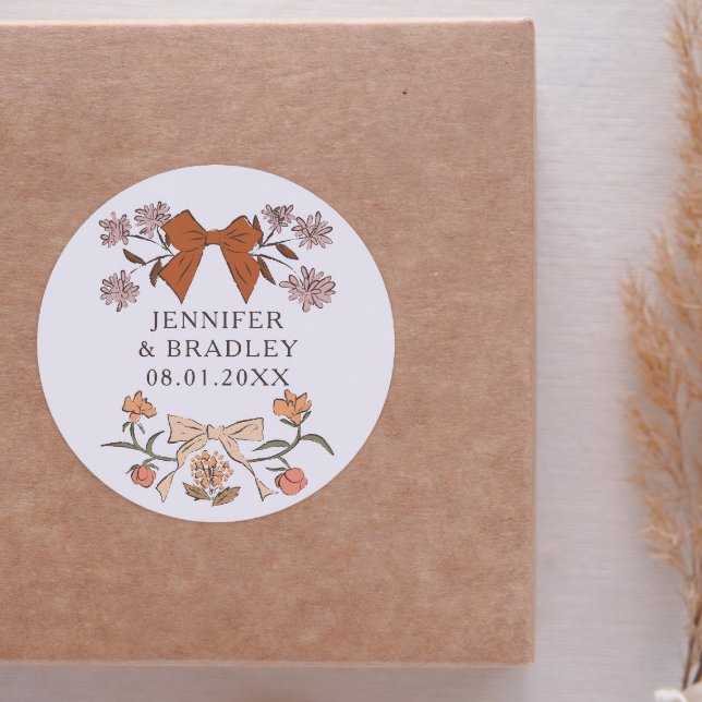 Boho Terracotta Ribbons Floral Wedding Favour  Classic Round Sticker (Creator Uploaded)