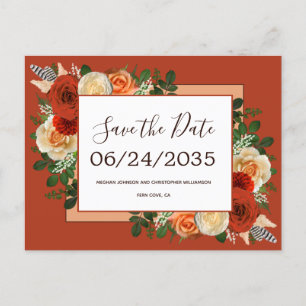 Boho Terracotta Rust Floral Wedding Save the Date Announcement Postcard