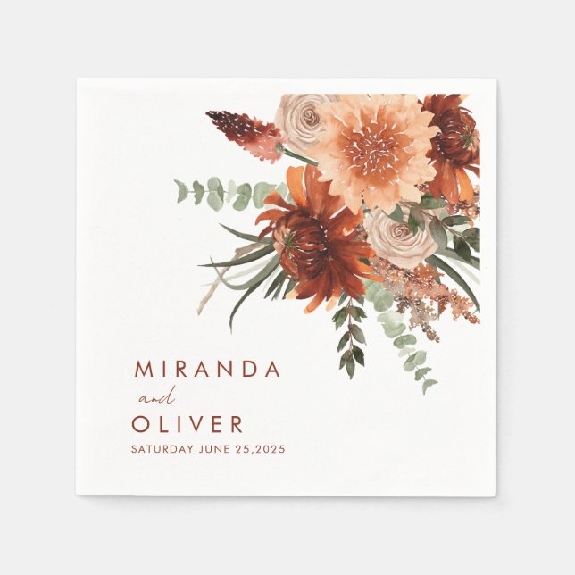 Boho Terracotta Rust Watercolor Floral Wedding Napkin (Front)