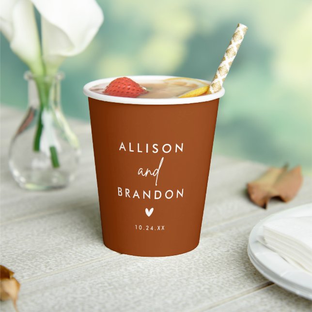 Boho Terracotta Rust Wedding Names Paper Cups (Insitu)