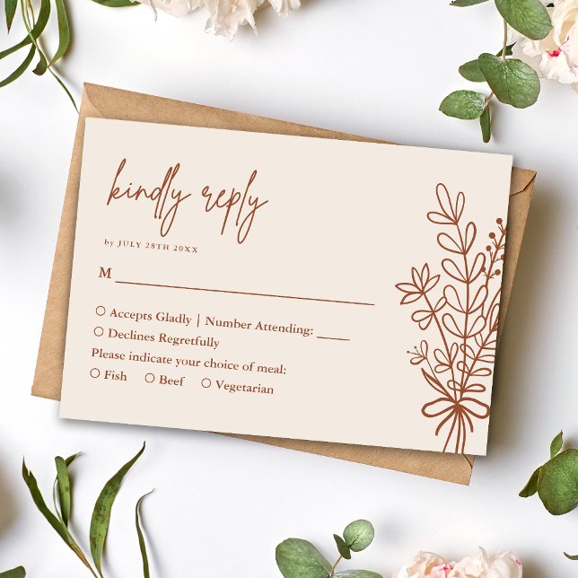 Boho Terracotta Rustic Kindly Reply Wedding RSVP Card (Boho terracotta kindly reply RSVP card keeps responses simple with warm rustic charm.)