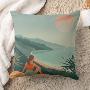 Boho Terracotta Sage Coastal Bay Sunset Landscape Cushion