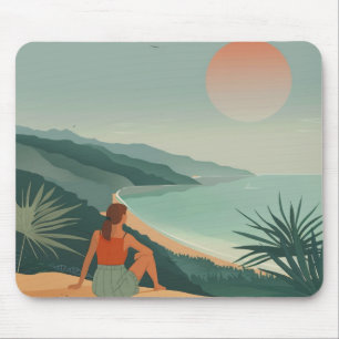 Boho Terracotta Sage Coastal Bay Sunset Landscape Mouse Pad
