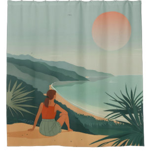 Boho Terracotta Sage Coastal Bay Sunset Landscape Shower Curtain
