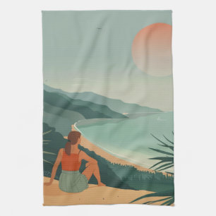 Boho Terracotta Sage Coastal Bay Sunset Landscape Tea Towel