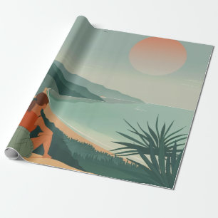 Boho Terracotta Sage Coastal Bay Sunset Landscape Wrapping Paper