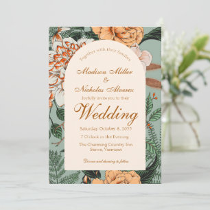 Boho Terracotta Sage Floral Arch Monogram Wedding Invitation