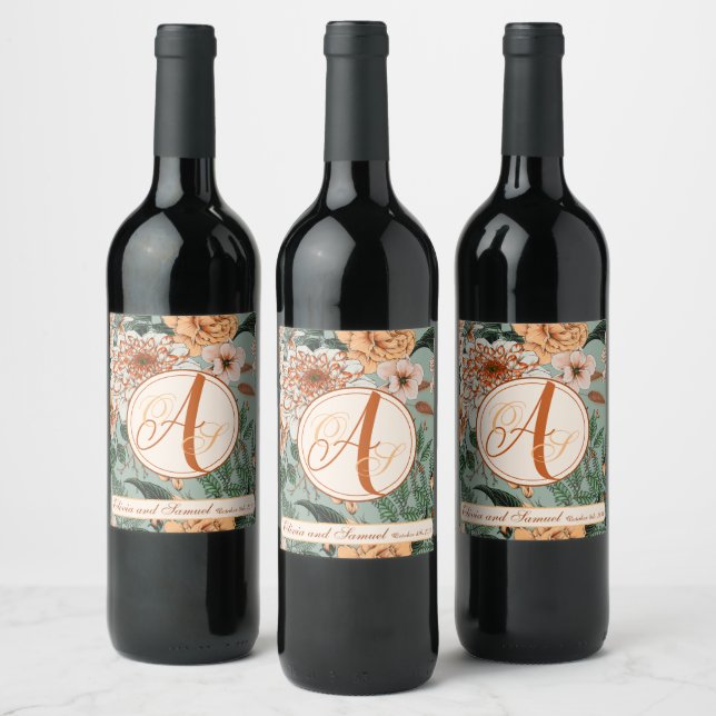 Boho Terracotta Sage Monogram Fall Wedding Wine Label (Bottles)