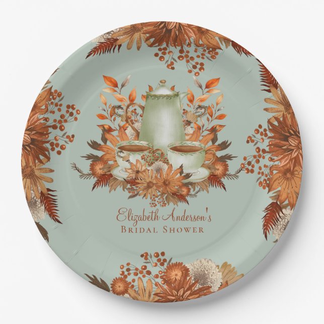 Boho Terracotta Sage Tea Party Dining Tableware Paper Plate (Front)