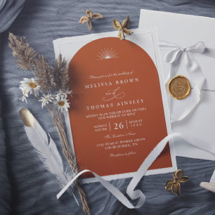 Boho Terracotta Sun Arch Chic QR Code Wedding Invitation