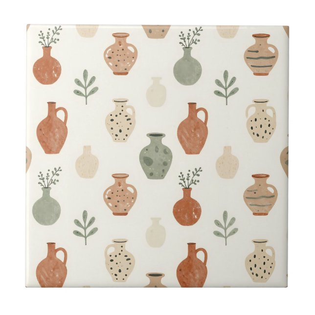 Boho Terracotta Vases Botanical Pattern Ceramic Tile (Front)